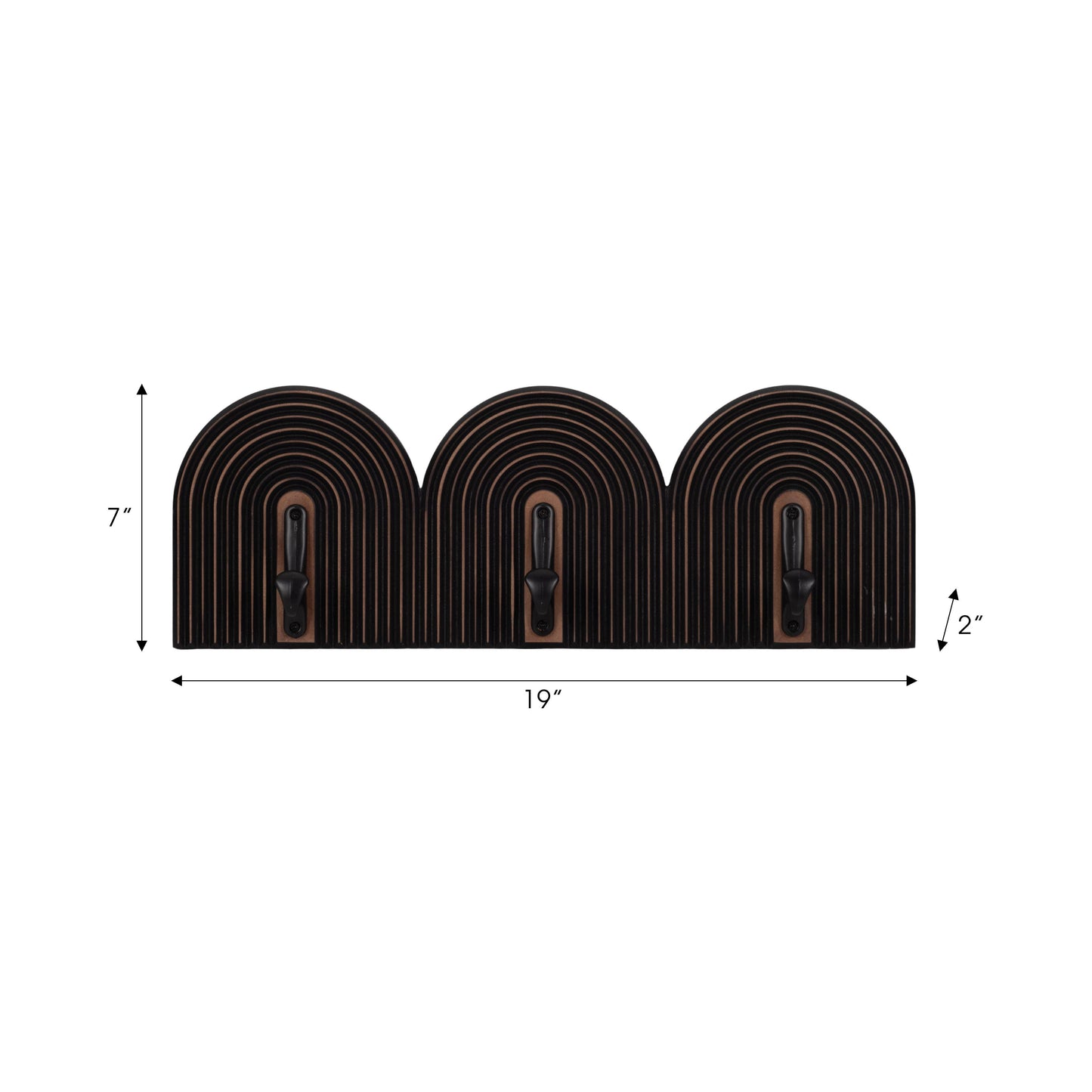Black 7x19 in. Wood Striped 3-Arch Wall Hooks