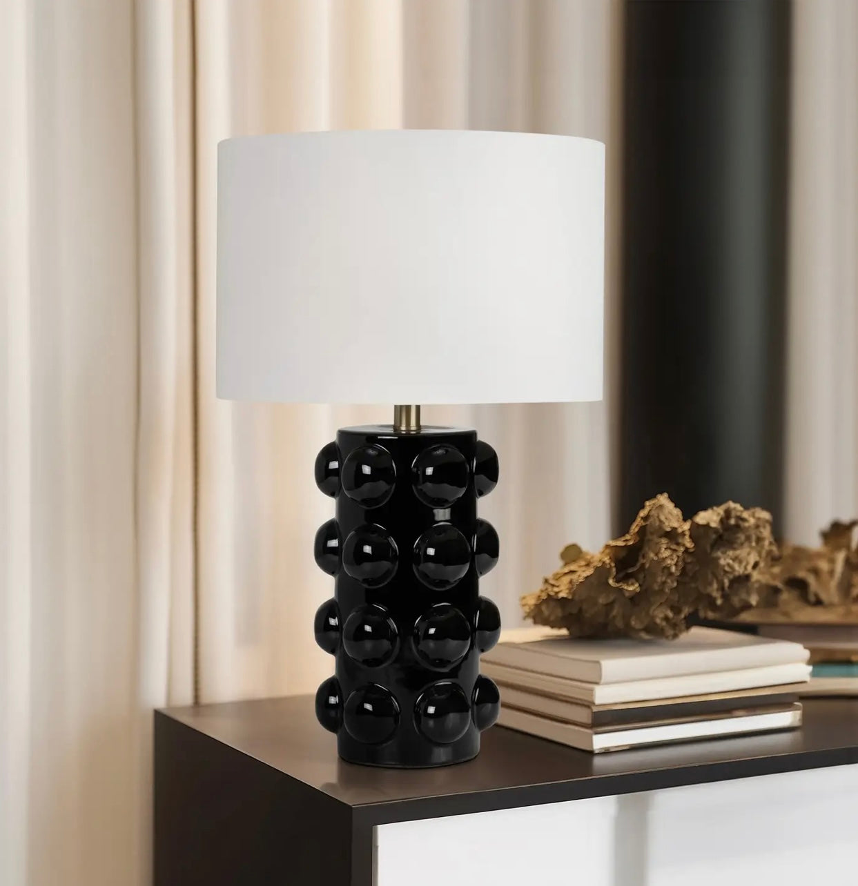 Black 22 in. Cylinder Ceramic Modern Bubble Table Lamp