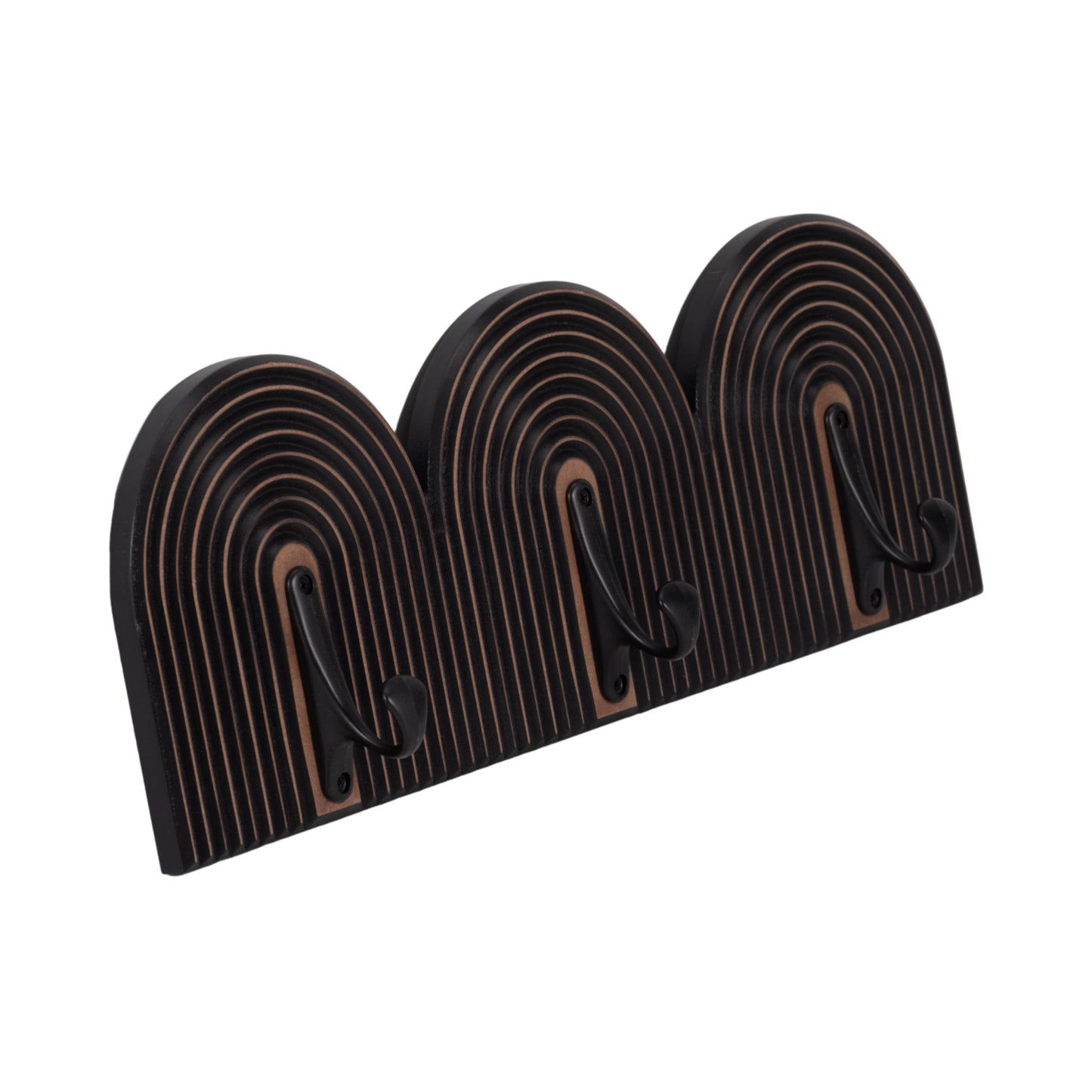 Black 7x19 in. Wood Striped 3-Arch Wall Hooks