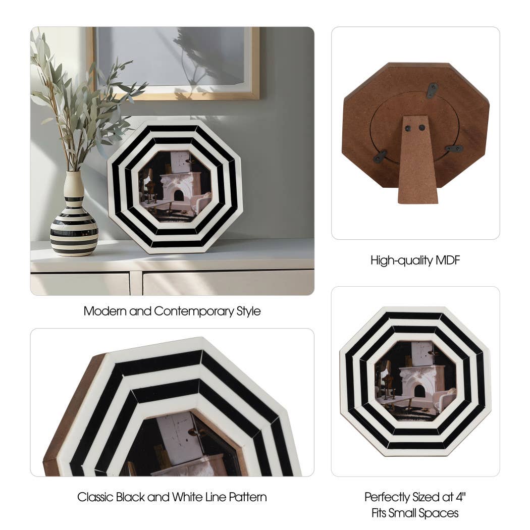 Black/White 4x4 in. Lines Octagon Contemporary Photo Frame