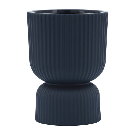 6 in. Dark Blue Ceramic Ribbed Abstract Vase